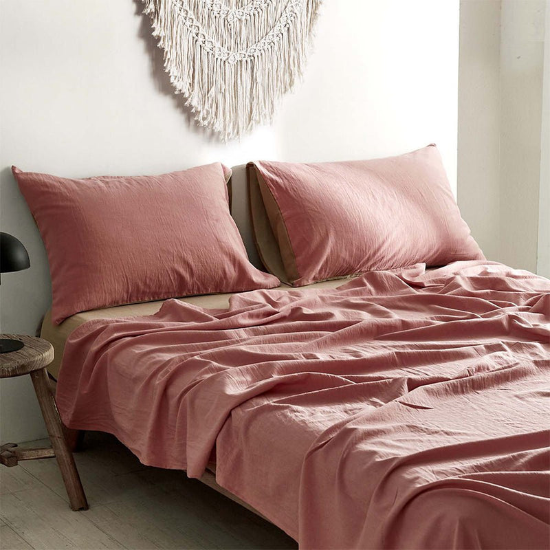 Deluxe Washed Cotton Sheet Set Pink Brown Double - Home & Garden > Bedding - Bedzy Australia