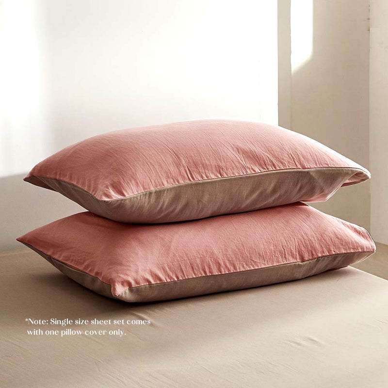 Deluxe Washed Cotton Sheet Set Pink Brown Single - Home & Garden > Bedding - Bedzy Australia
