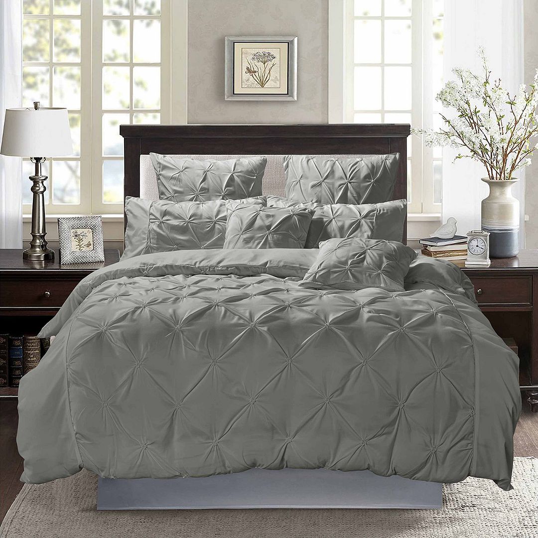 Diamond Pintuck Double Size Grey Duvet Doona Quilt Cover Set - Home & Garden > Bedding - Bedzy Australia
