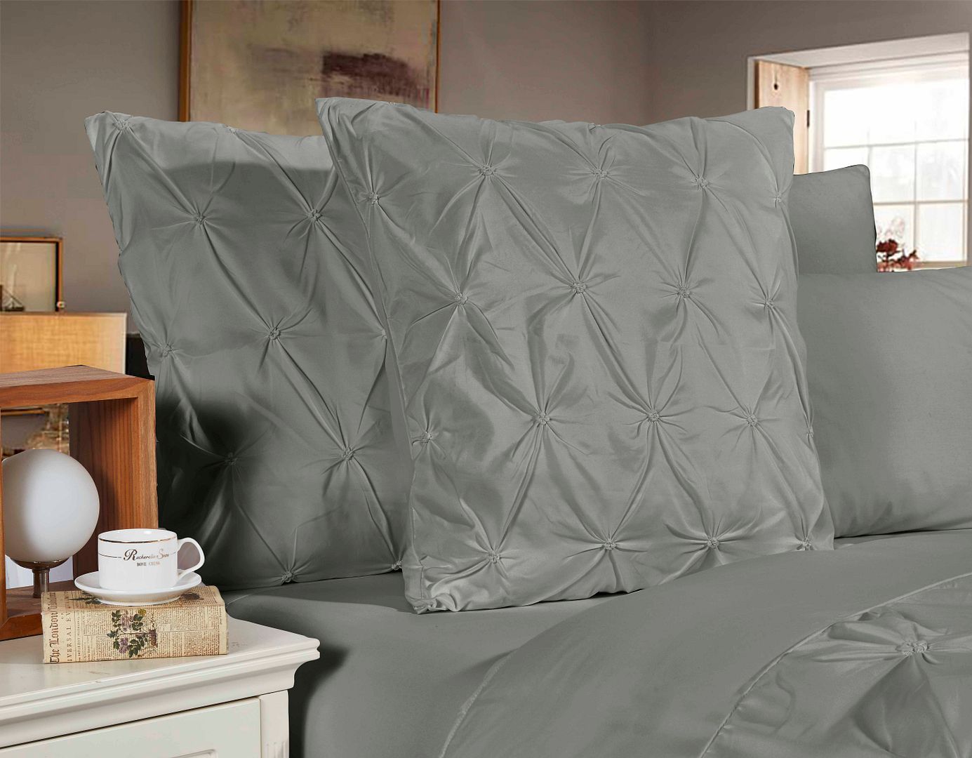 Diamond Pintuck Premium Ultra Soft European Pillowcases 2-Pack - Grey - Home & Garden > Bedding - Bedzy Australia