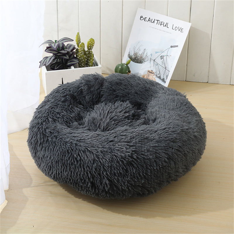 Dog Pet Cat Calming Bed Warm Plush Round Nest Comfy Sleeping Bed Dark Grey 90cm - Pet Care > Dog Supplies - Bedzy Australia