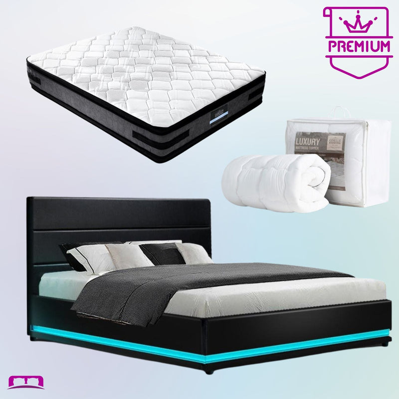 Double Premium Package | Henley LED Bed Black, Luna Series Euro Top Mattress (Medium Firm) & Pillowtop Mattress Topper! - Bedzy Australia (ABN 18 642 972 209) -
