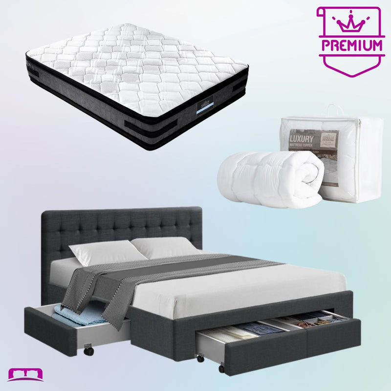 Double Premium Package | Trinity Bed Frame Charcoal, Luna Series Euro Top Mattress (Medium Firm) & Bamboo Mattress Topper! - Bedzy Australia