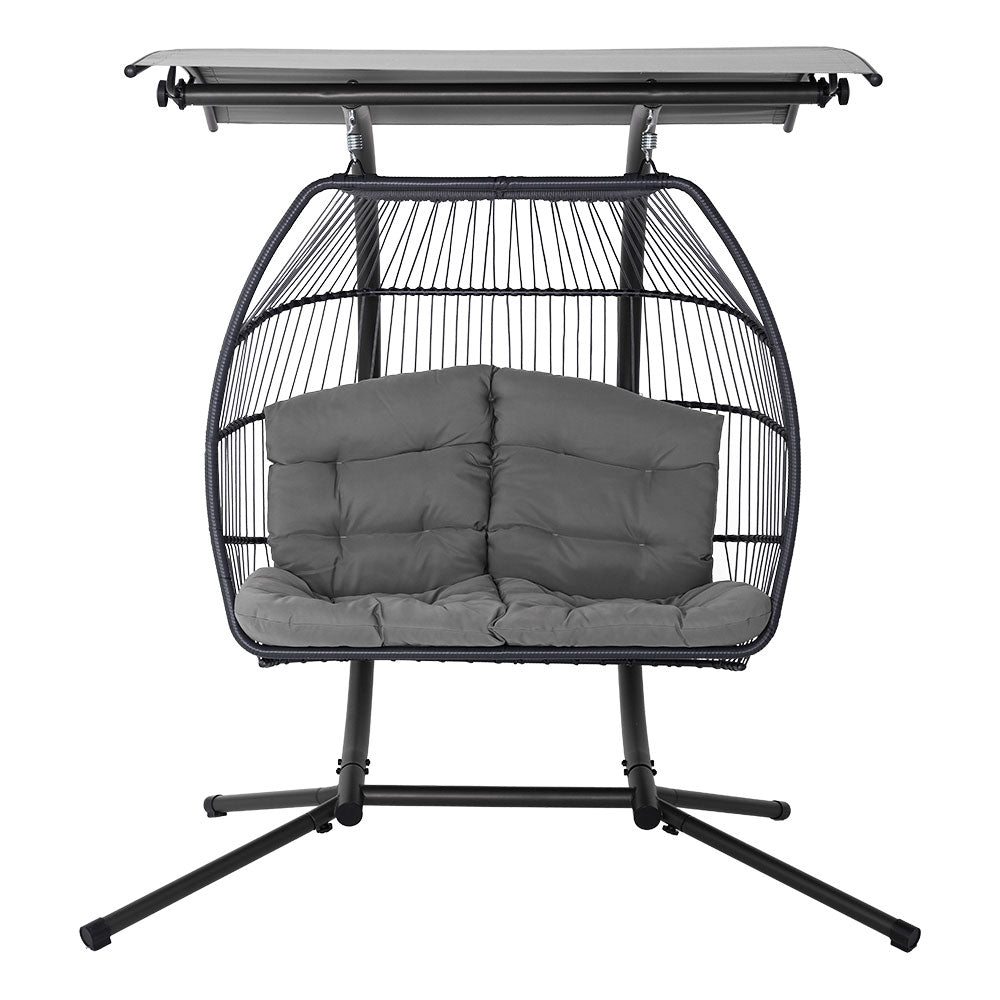 Double Wicker Hanging Swing Chair with Stand Grey - Furniture > Outdoor - Bedzy Australia