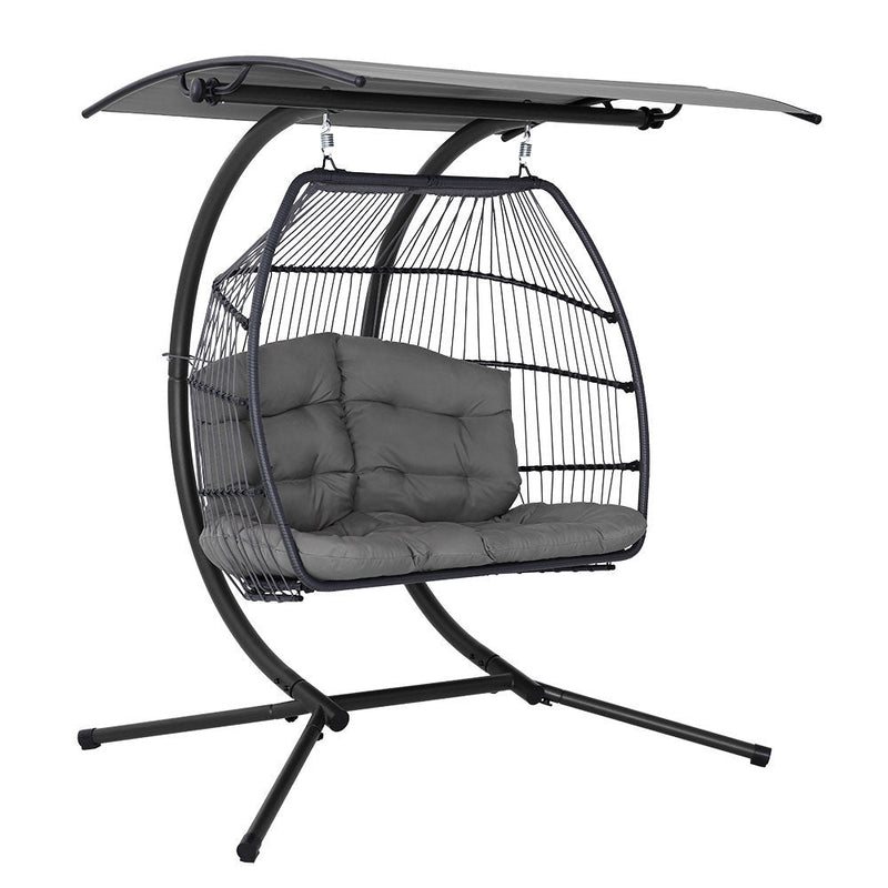 Double Wicker Hanging Swing Chair with Stand Grey - Furniture > Outdoor - Bedzy Australia