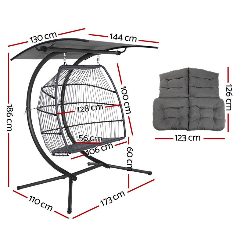 Double Wicker Hanging Swing Chair with Stand Grey - Furniture > Outdoor - Bedzy Australia