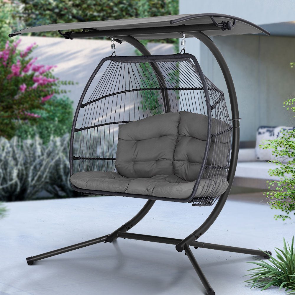 Relax in Style: Double Wicker Hanging Chair with Stand in Elegant Grey