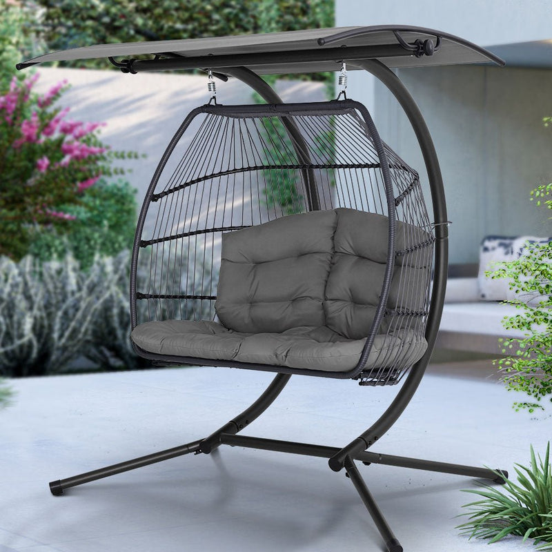 Double Wicker Hanging Swing Chair with Stand Grey - Furniture > Outdoor - Bedzy Australia