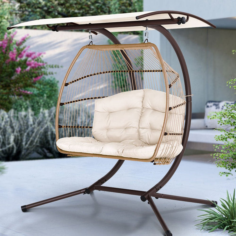 Double Wicker Hanging Swing Chair with Stand Latte - Furniture > Outdoor - Bedzy Australia