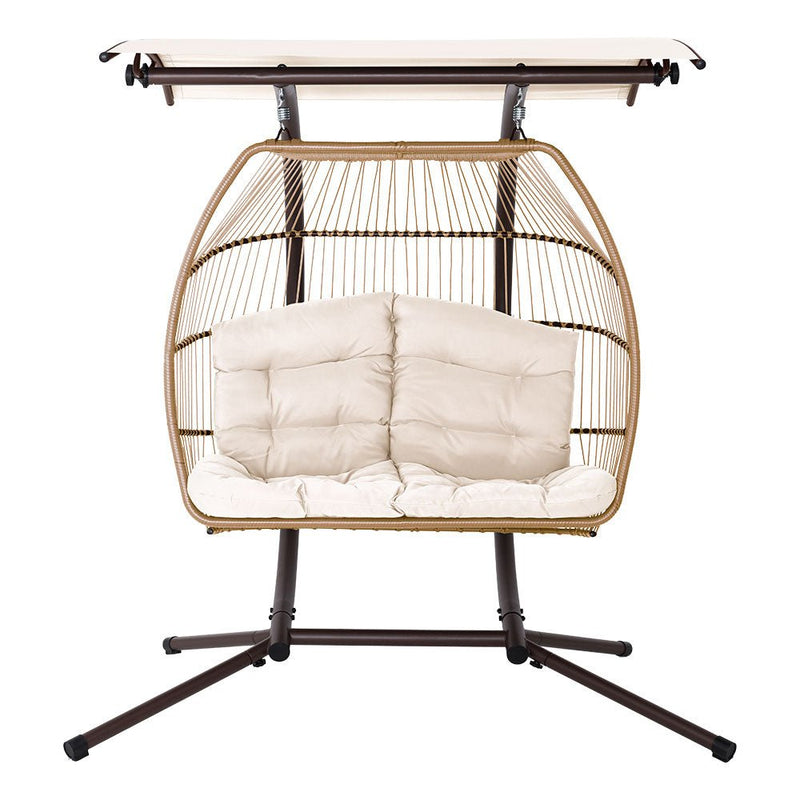 Double Wicker Hanging Swing Chair with Stand Latte - Furniture > Outdoor - Bedzy Australia