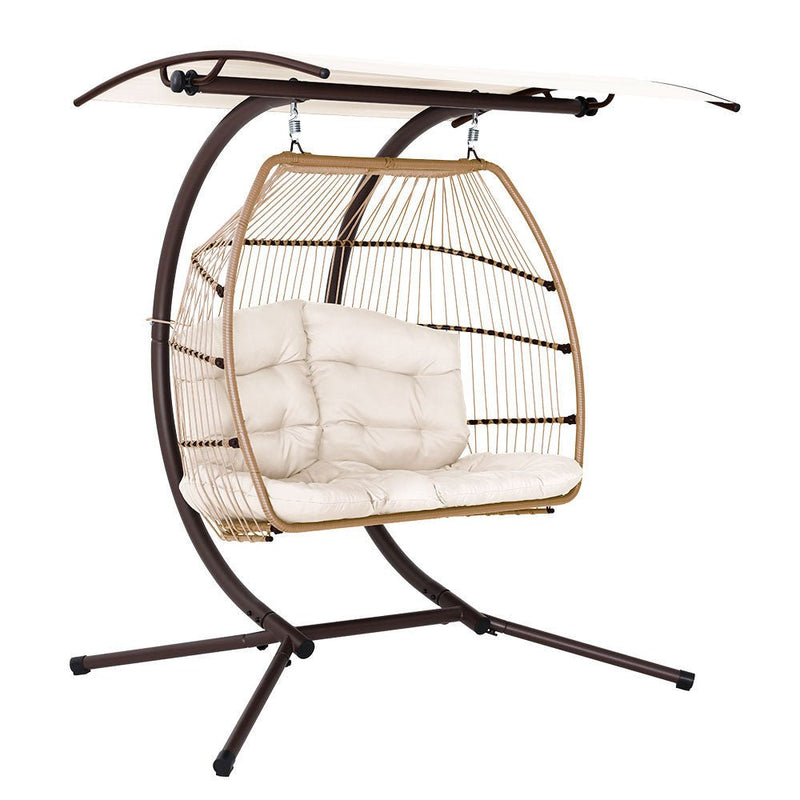 Double Wicker Hanging Swing Chair with Stand Latte - Furniture > Outdoor - Bedzy Australia