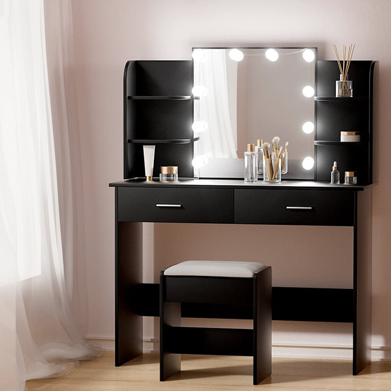Dressing Table LED Makeup Mirror Stool Set 10 Bulbs Vanity Desk Black - Bedzy Australia (ABN 18 642 972 209) - Furniture > Bedroom