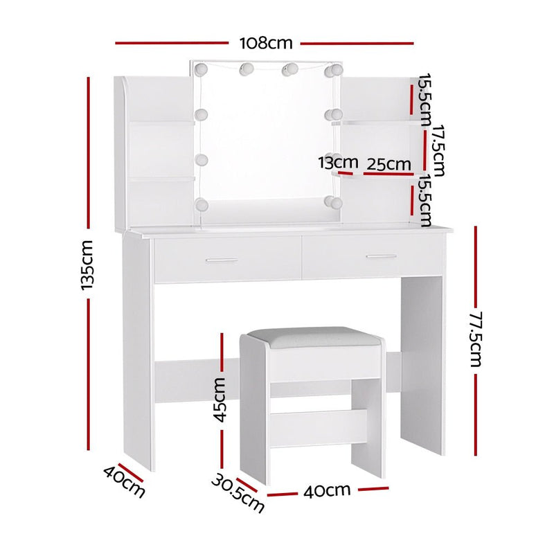 Dressing Table LED Makeup Mirror Stool Set 10 Bulbs Vanity Desk White - Bedzy Australia (ABN 18 642 972 209) - Furniture > Bedroom