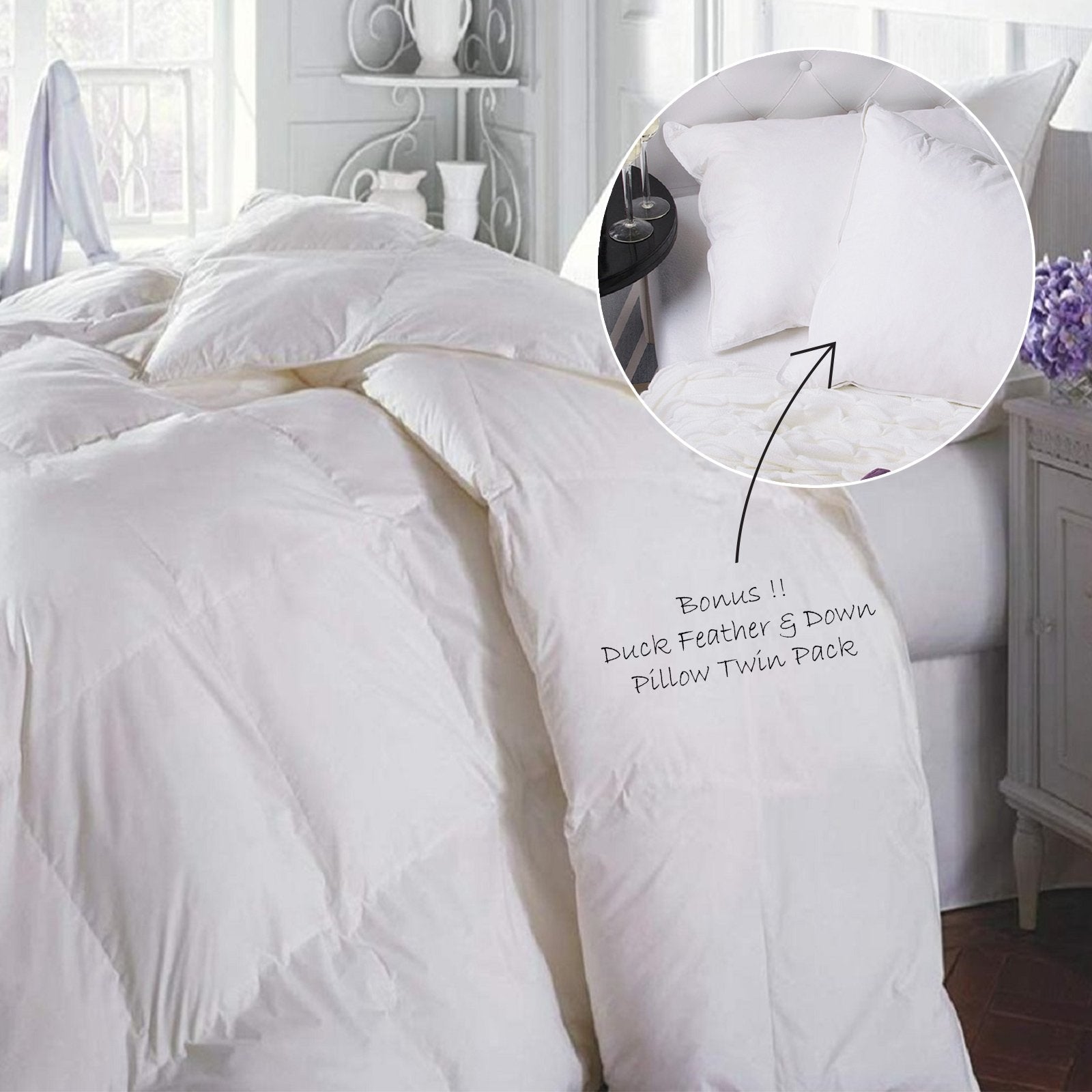 Duck Feather & Down Quilt 500GSM + Duck Feather and Down Pillows 2 Pack Combo Single White - Bedzy Australia