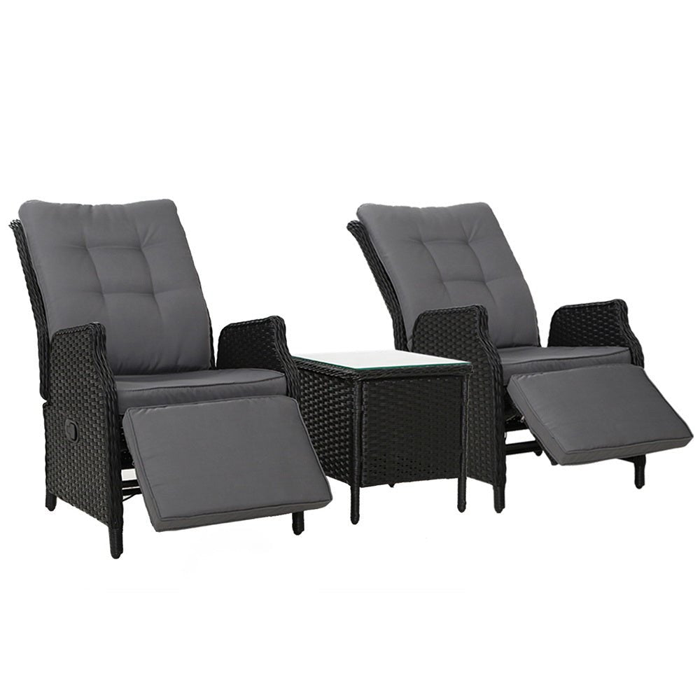 Elara Outdoor Setting Recliner Patio Chairs with Side Table Black - Furniture > Outdoor - Bedzy Australia
