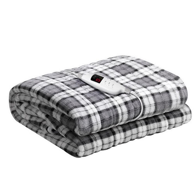 Electric Throw Rug Flannel Snuggle Blanket Washable Heated Grey and White Checkered - Bedzy Australia
