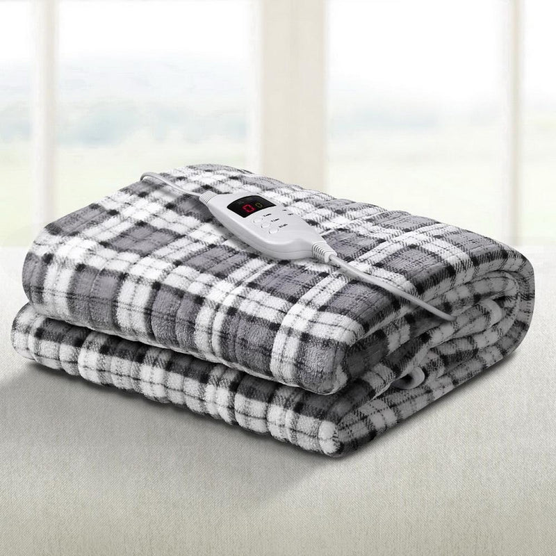 Electric Throw Rug Flannel Snuggle Blanket Washable Heated Grey and White Checkered - Bedzy Australia