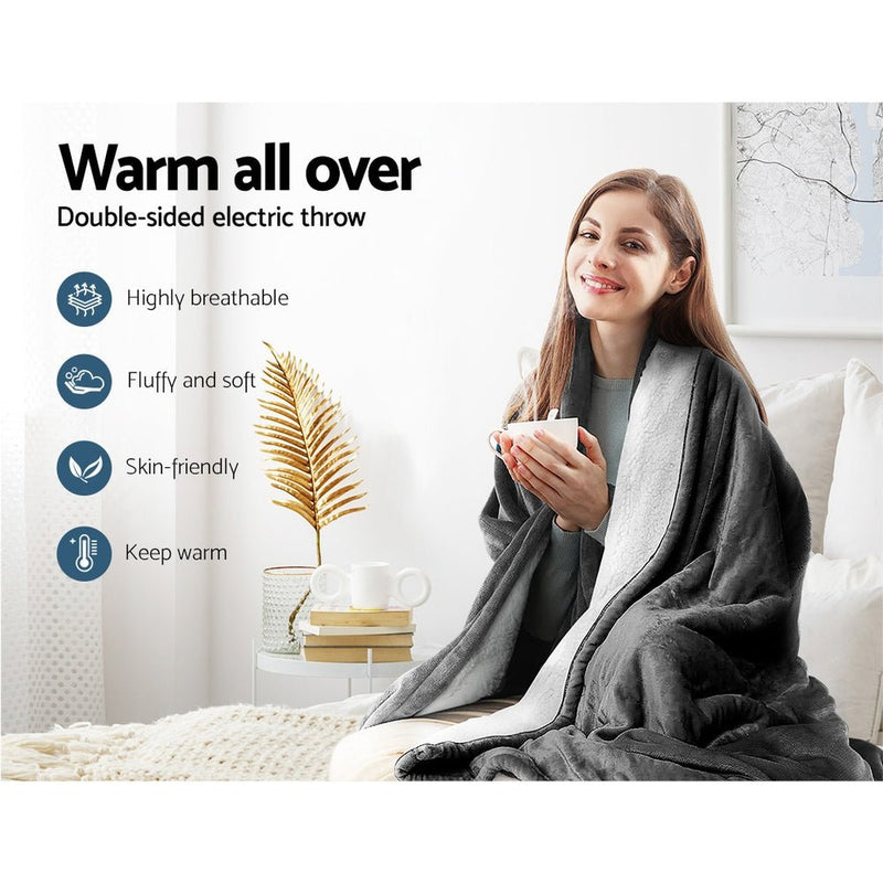 Electric Throw Rug Heated Blanket Washable Snuggle Flannel Winter Grey - Home & Garden > Bedding - Bedzy Australia