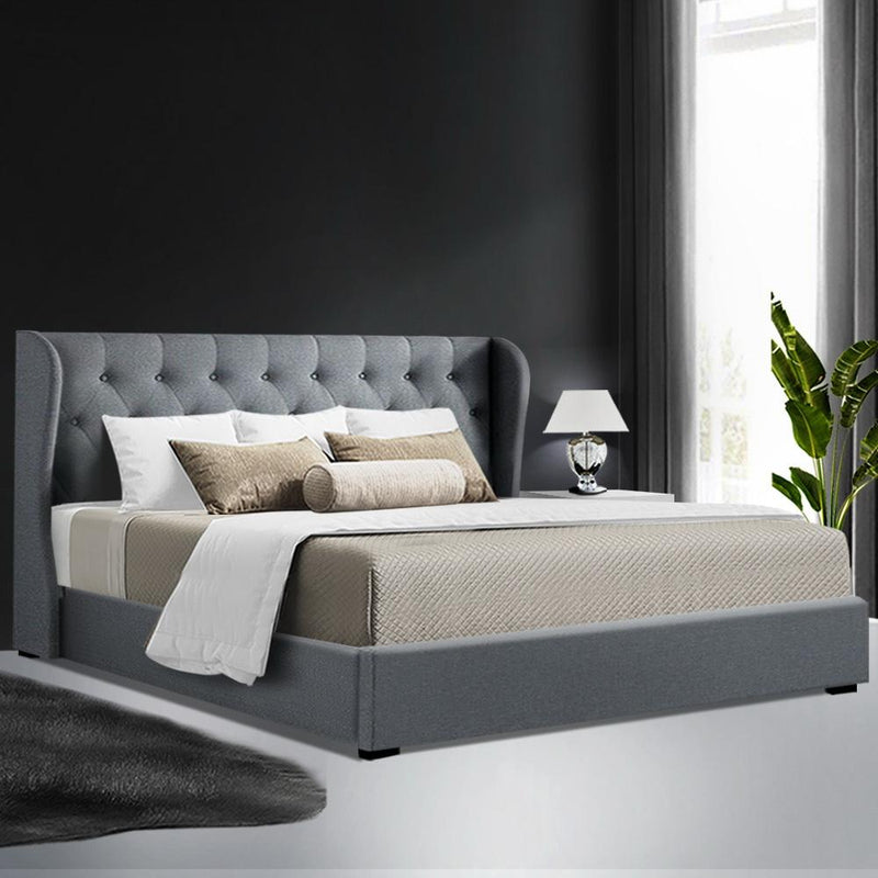 Elouera King Bed Frame With Gas Lift Storage Grey - Bedzy Australia