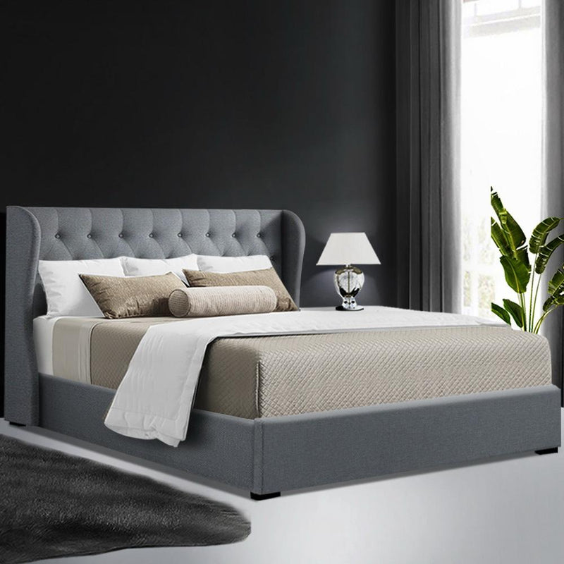 Elouera Queen Bed Frame With Gas Lift Storage Grey - Bedzy Australia