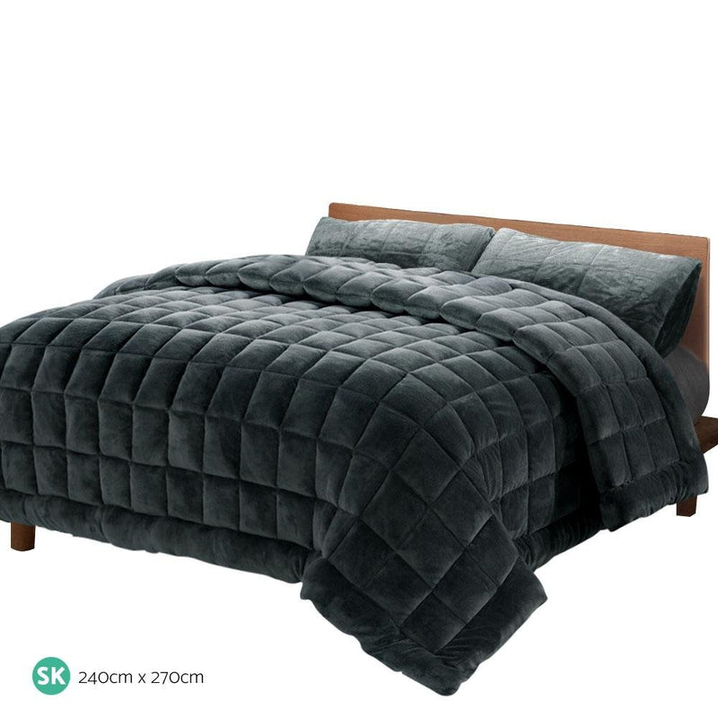 Faux Mink Quilt Comforter Fleece Throw Blanket Doona Charcoal Super King - Bedzy Australia