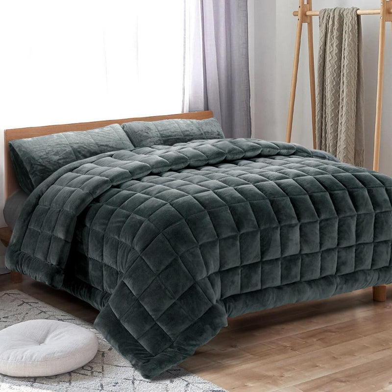 Faux Mink Quilt Fleece Throw Blanket Comforter Charcoal King - Bedzy Australia