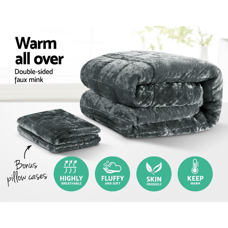 Faux Mink Quilt Fleece Throw Blanket Comforter Charcoal King - Bedzy Australia