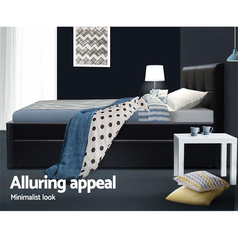 Fripp PU Leather King Single Trundle Bed Frame Base Black - Bedzy Australia - Furniture > Bedroom