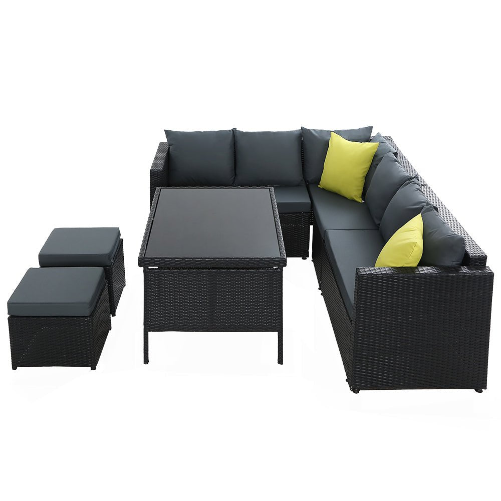 Hamilton 8 Seat Corner Outdoor Dining Setting - Black With Grey Cushions - Furniture > Outdoor - Bedzy Australia