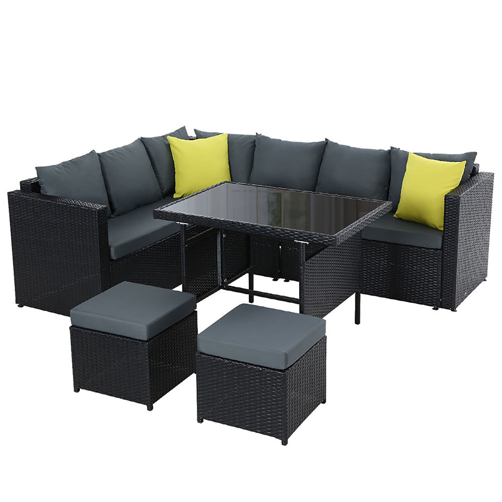 Hamilton 8 Seat Corner Outdoor Dining Setting - Black With Grey Cushions - Furniture > Outdoor - Bedzy Australia
