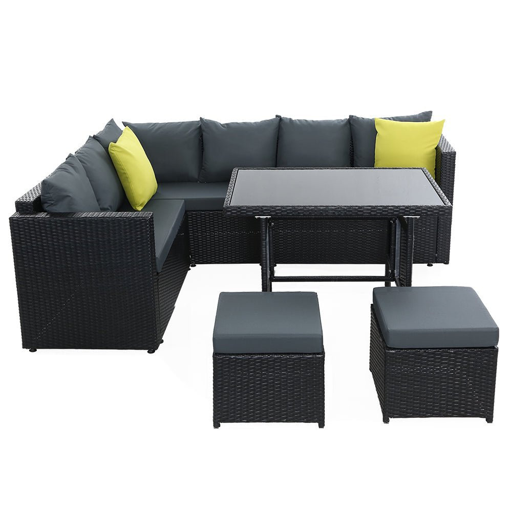 Hamilton 8 Seat Corner Outdoor Dining Setting - Black With Grey Cushions - Furniture > Outdoor - Bedzy Australia