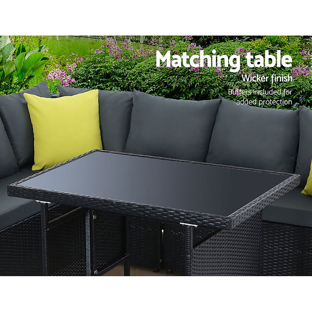 Hamilton 8 Seat Corner Outdoor Dining Setting - Black With Grey Cushions - Furniture > Outdoor - Bedzy Australia
