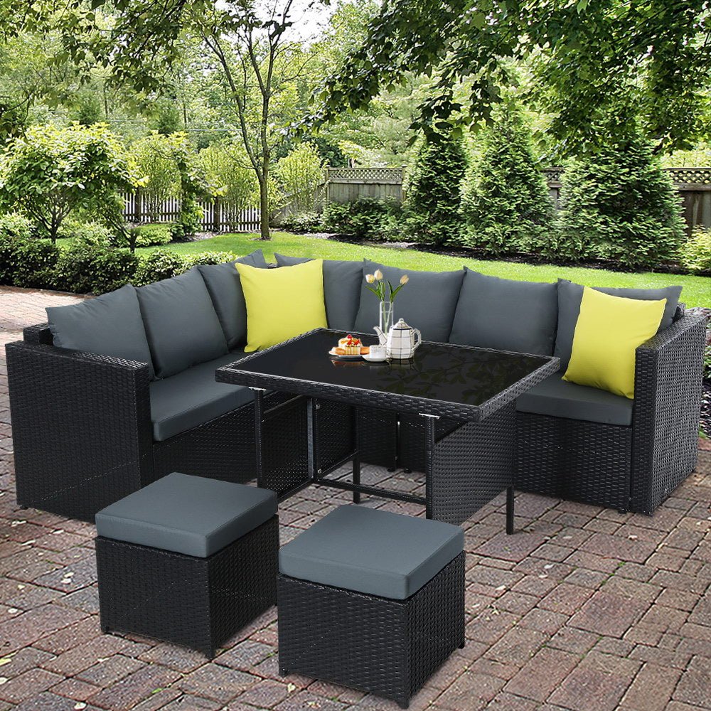 Hamilton 8 Seat Corner Outdoor Dining Setting - Black With Grey Cushions - Furniture > Outdoor - Bedzy Australia