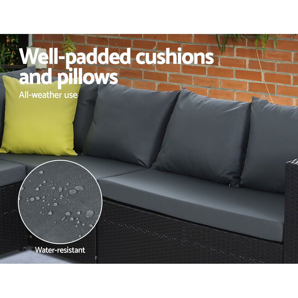 Hamilton 8 Seat Corner Outdoor Dining Setting - Black With Grey Cushions - Furniture > Outdoor - Bedzy Australia