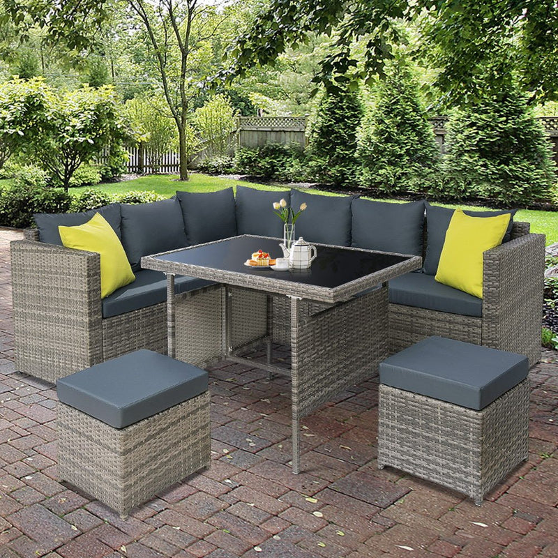 Hamilton 8 Seat Corner Outdoor Dining Setting - Grey - Furniture > Outdoor - Bedzy Australia