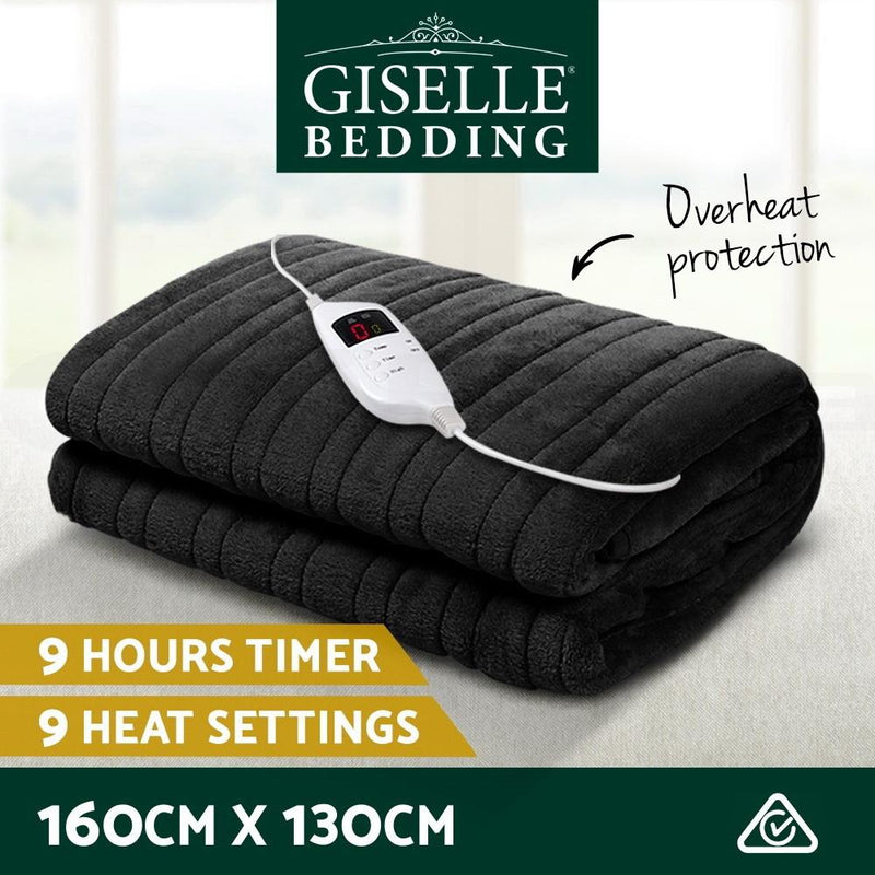 Heated Electric Throw Rug Fleece Sunggle Blanket Washable Charcoal - Bedzy Australia