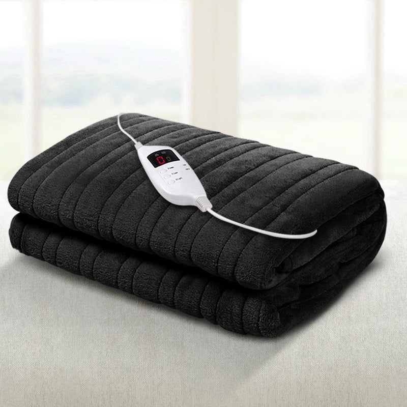 Heated Electric Throw Rug Fleece Sunggle Blanket Washable Charcoal - Bedzy Australia