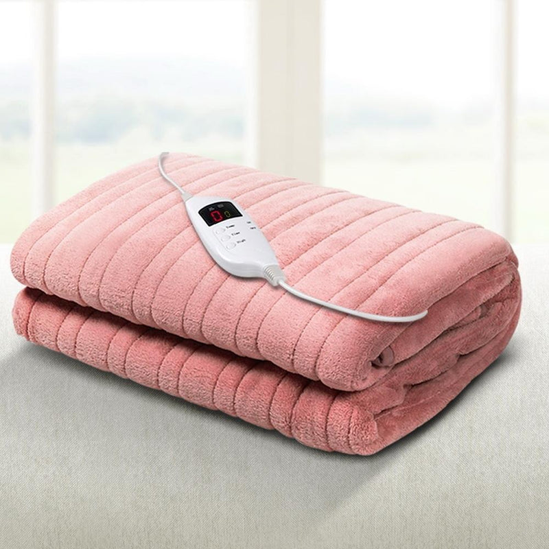 Heated Electric Throw Rug Fleece Sunggle Blanket Washable Pink - Bedzy Australia
