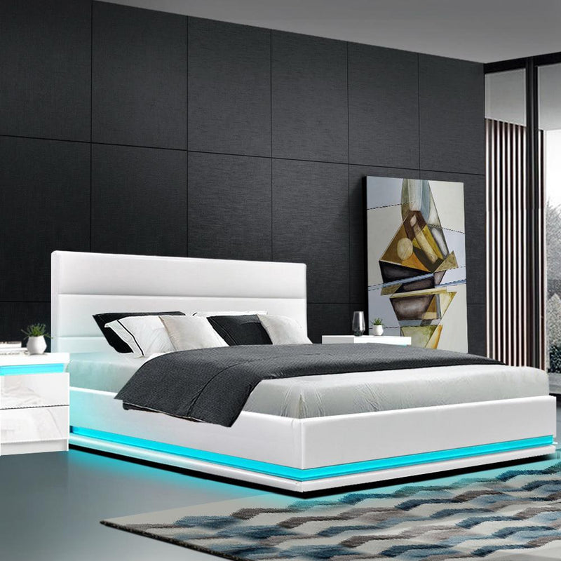Henley LED Storage Queen Bed Frame White - Bedzy Australia - Furniture > Bedroom