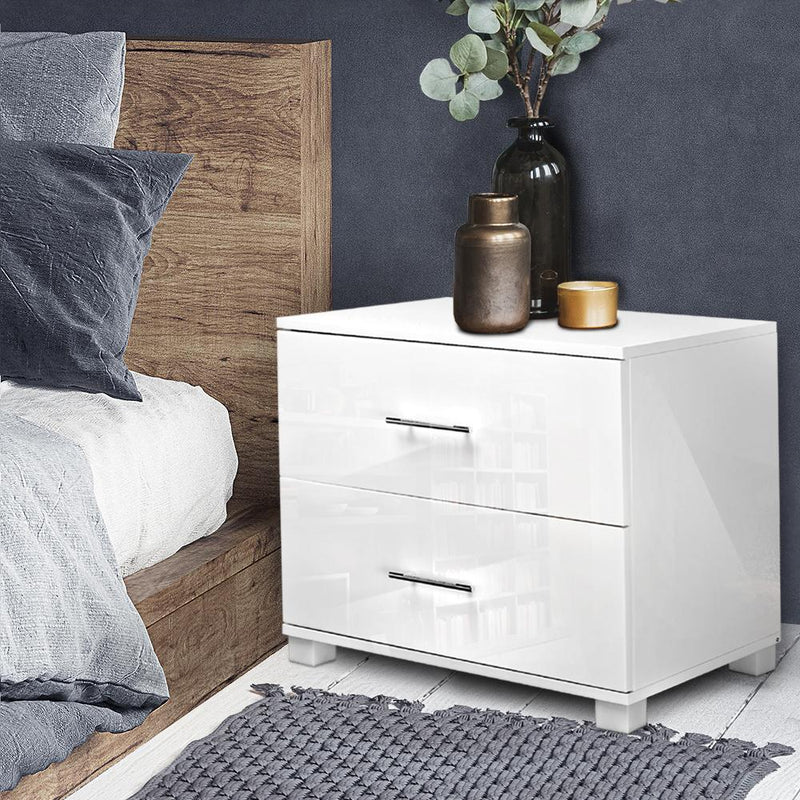 High Gloss Bedside Table With 2 Drawers White - Bedzy Australia