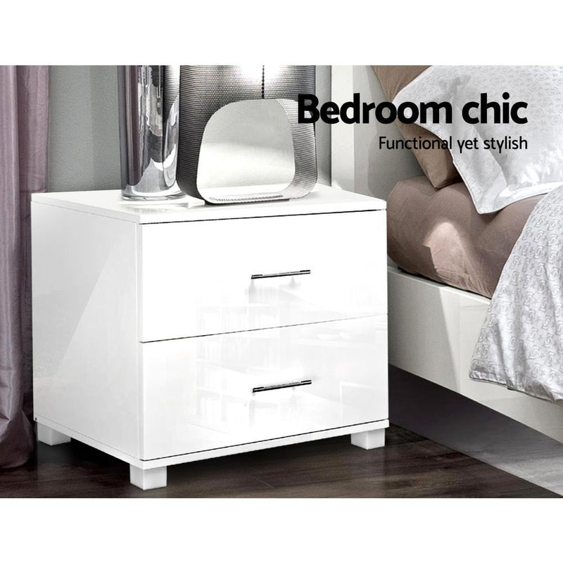 High Gloss Bedside Table With 2 Drawers White - Bedzy Australia