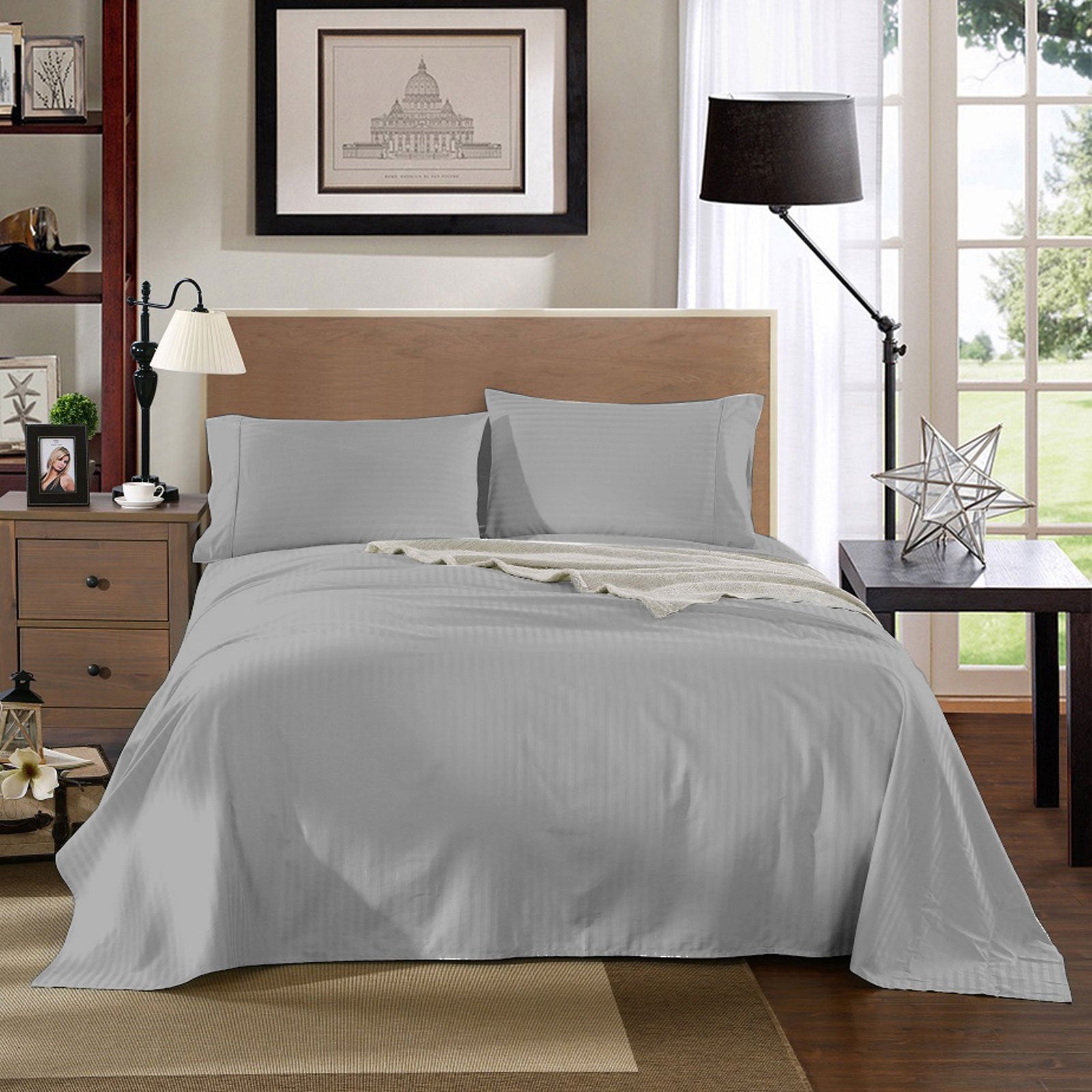 Kensington 1200 Thread Count 100% Egyptian Cotton Sheet Set Stripe Hotel Grade Queen Silver - Bedzy Australia