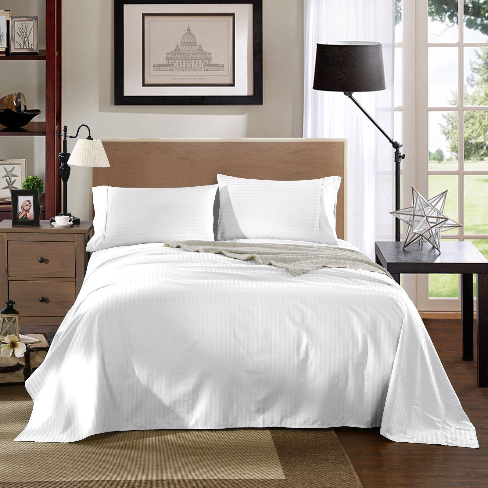 Kensington 1200 Thread Count 100% Egyptian Cotton Sheet Set Stripe Hotel Grade Queen White - Bedzy Australia