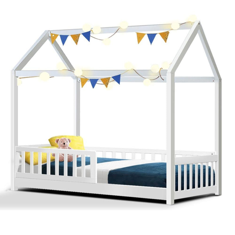 Kids Wooden House Style Single Bed Frame With Side Rails - White - Bedzy Australia