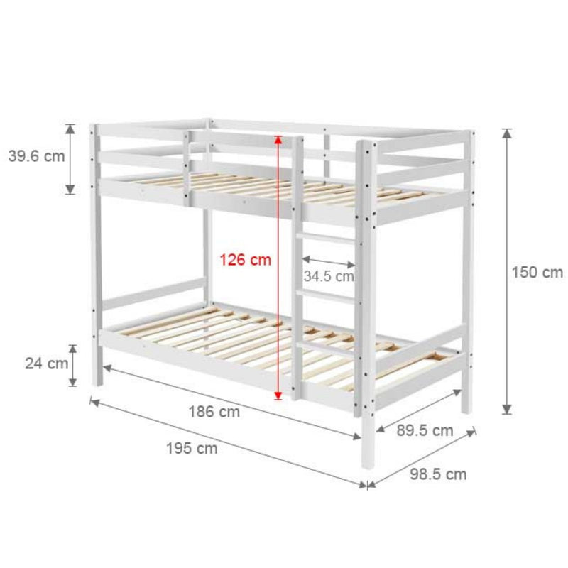 Kids Solid Pinewood Single Bunk Bed White - Bedzy Australia