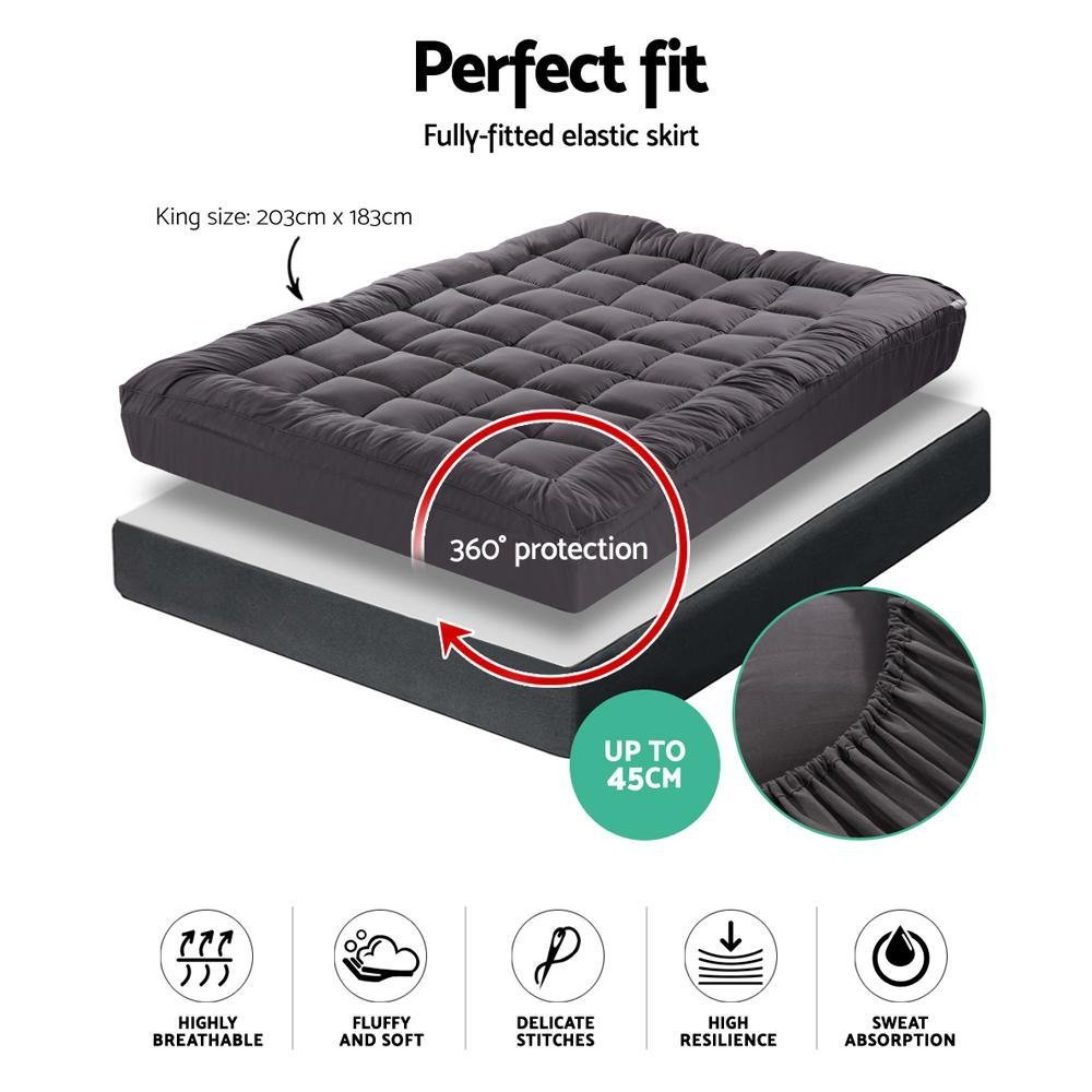 King Mattress Topper Pillowtop 1000GSM Charcoal Microfibre Bamboo Fibre Filling Protector - Bedzy Australia