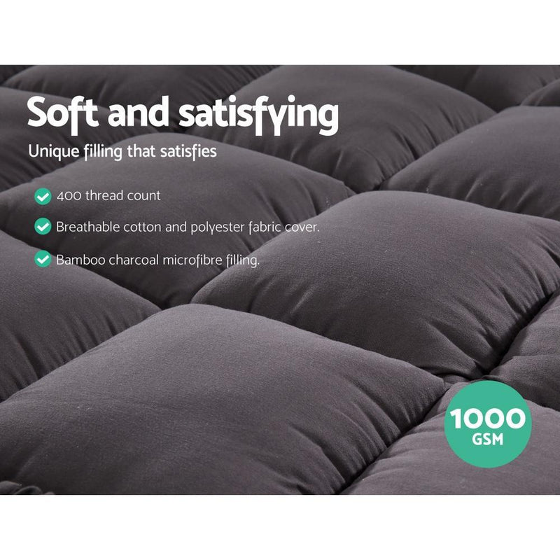 King Mattress Topper Pillowtop 1000GSM Charcoal Microfibre Bamboo Fibre Filling Protector - Bedzy Australia