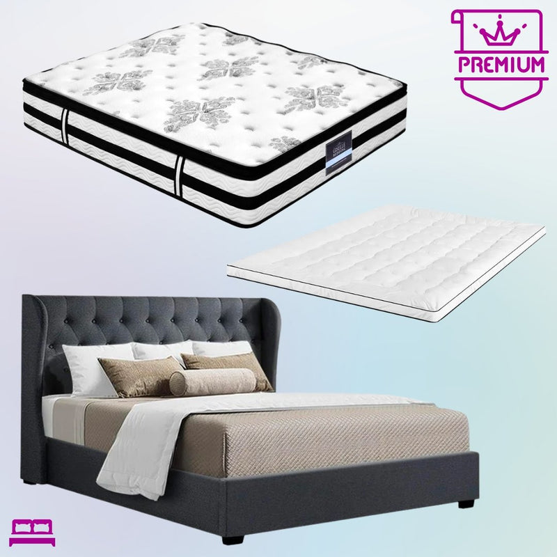 King Premium Package | Elouera Bed Charcoal, Algarve Euro Top Mattress (Medium Firm) & Deluxe Mattress Topper! - Bedzy Australia (ABN 18 642 972 209) - Furniture > Bedroom