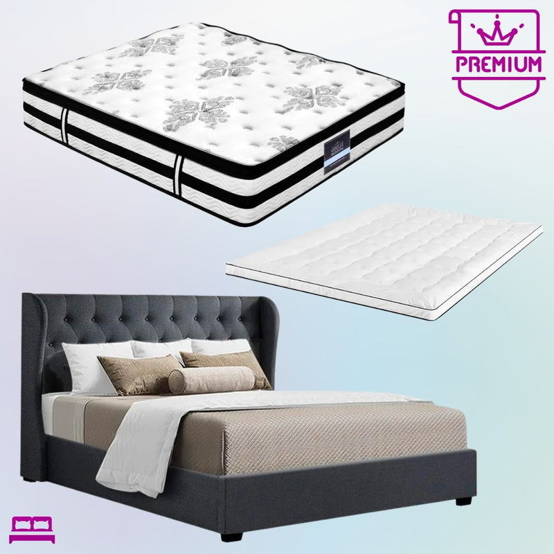 King Premium Package | Elouera Bed Charcoal, Algarve Euro Top Mattress (Medium Firm) & Deluxe Mattress Topper! - Bedzy Australia