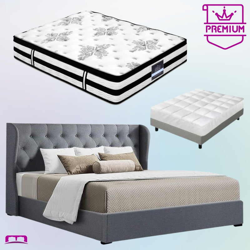 King Premium Package | Elouera Bed Grey, Algarve Euro Top Mattress (Medium Firm) & Bamboo Mattress Topper! - Bedzy Australia